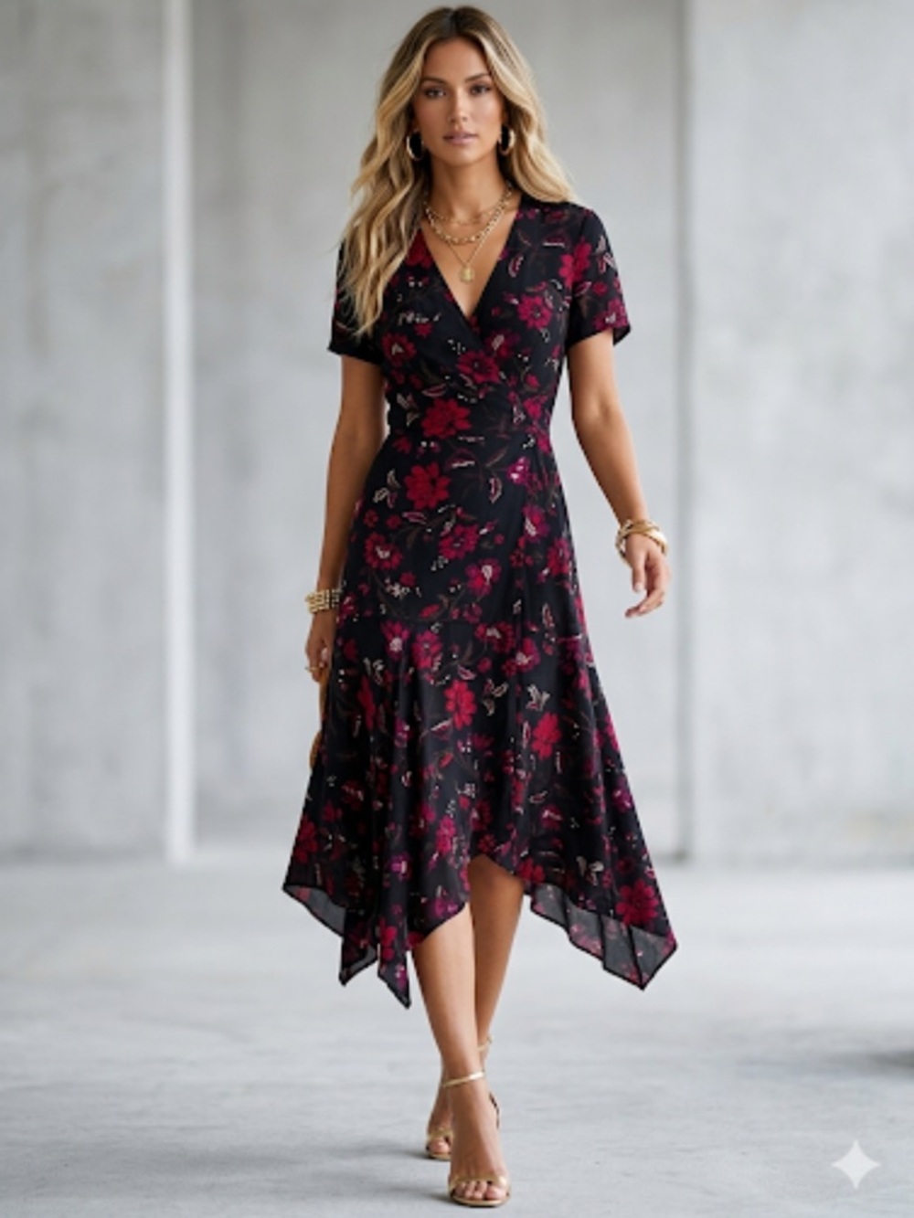 A.L.C. BLACK/RED FLORAL PRINT 100% SILK WRAP MIDI DRESS SIZE  0